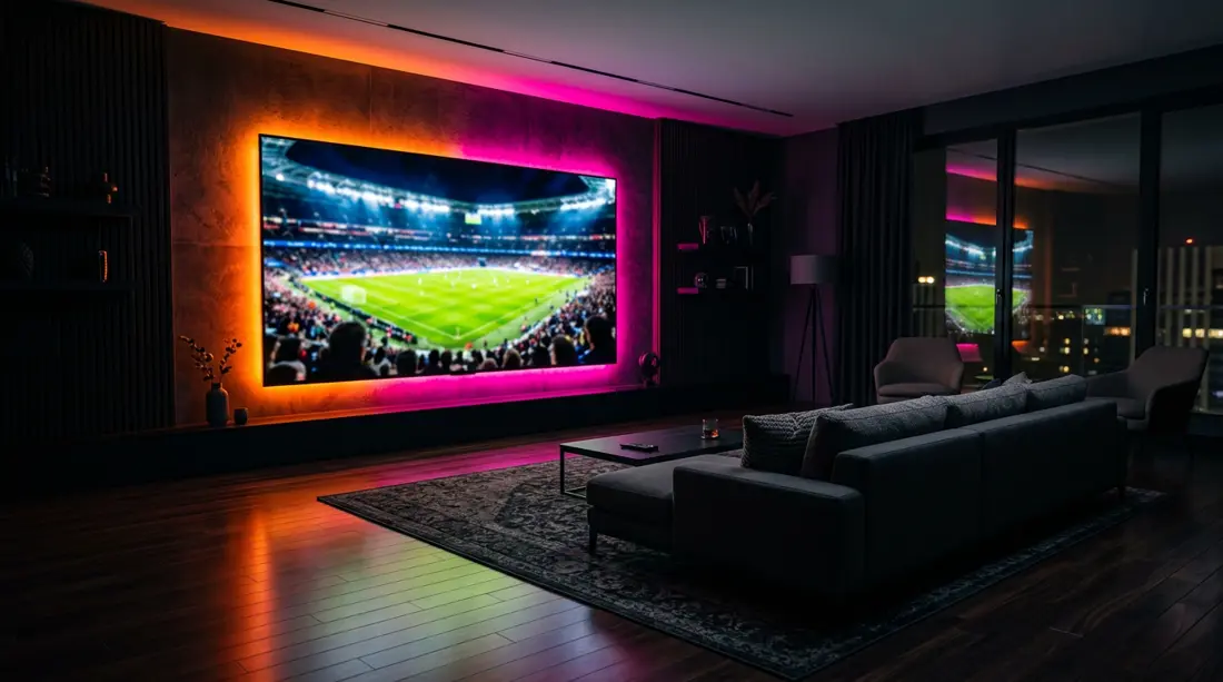 Living room with a large smart TV streaming a live football match through StreamBlaze IPTV